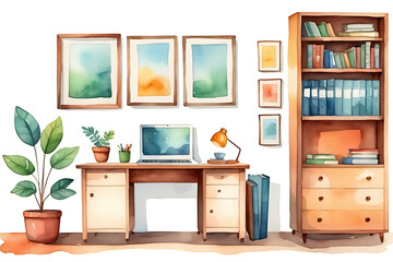 Watercolor Home Office with Desk, Laptop, Bookshelf and Cozy Decor