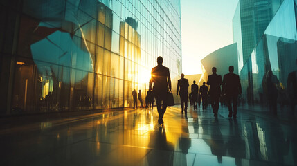 Silhouette businesspeople walking city sunset urban modern building work hour light glass scene image