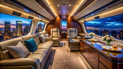 Luxurious Private Jet Cabin: Night Flight Interior Design Stock Photo