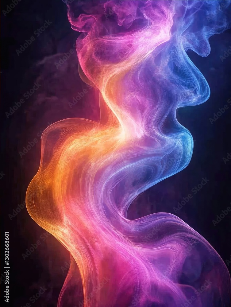 Poster colorful abstract smoke wave with vibrant hues flowing against a dark background, creating a dynamic