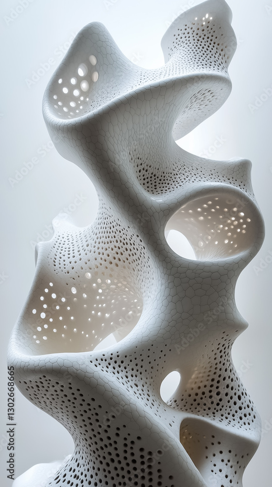 Poster delicate forms intertwine in a peculiar construction resembling organic life, illuminated softly, re