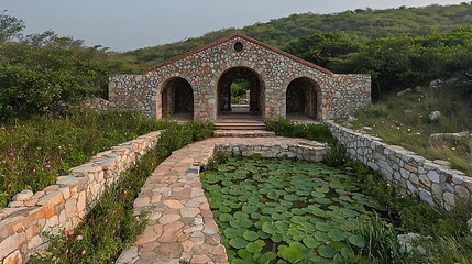 Stone gazebo pond hillside garden
