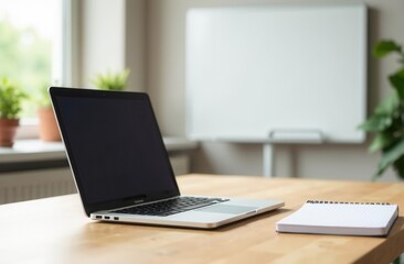 Fototapeta premium Open laptop on wooden desk next to notebook in bright office environment