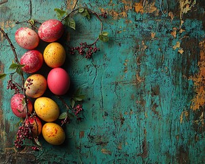 Painted Easter eggs on teal background