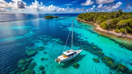 Obraz premium Luxury Catamaran Yacht Anchored in Turquoise Tropical Bay - Aerial Drone Shot