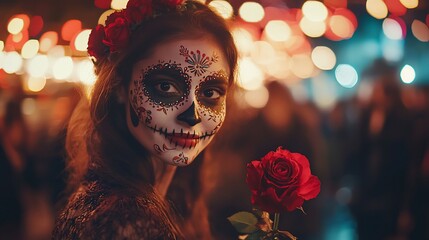 Calavera Catrina woman with red rose at night.