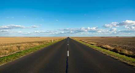 Fototapeta premium Scenic road stretches through boundless fields under blue sky with clouds