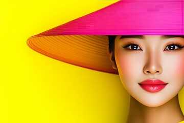 Elegant Asian woman in a wide brimmed pink hat posing gracefully against a vibrant yellow background capturing sophistication style and modern minimalism