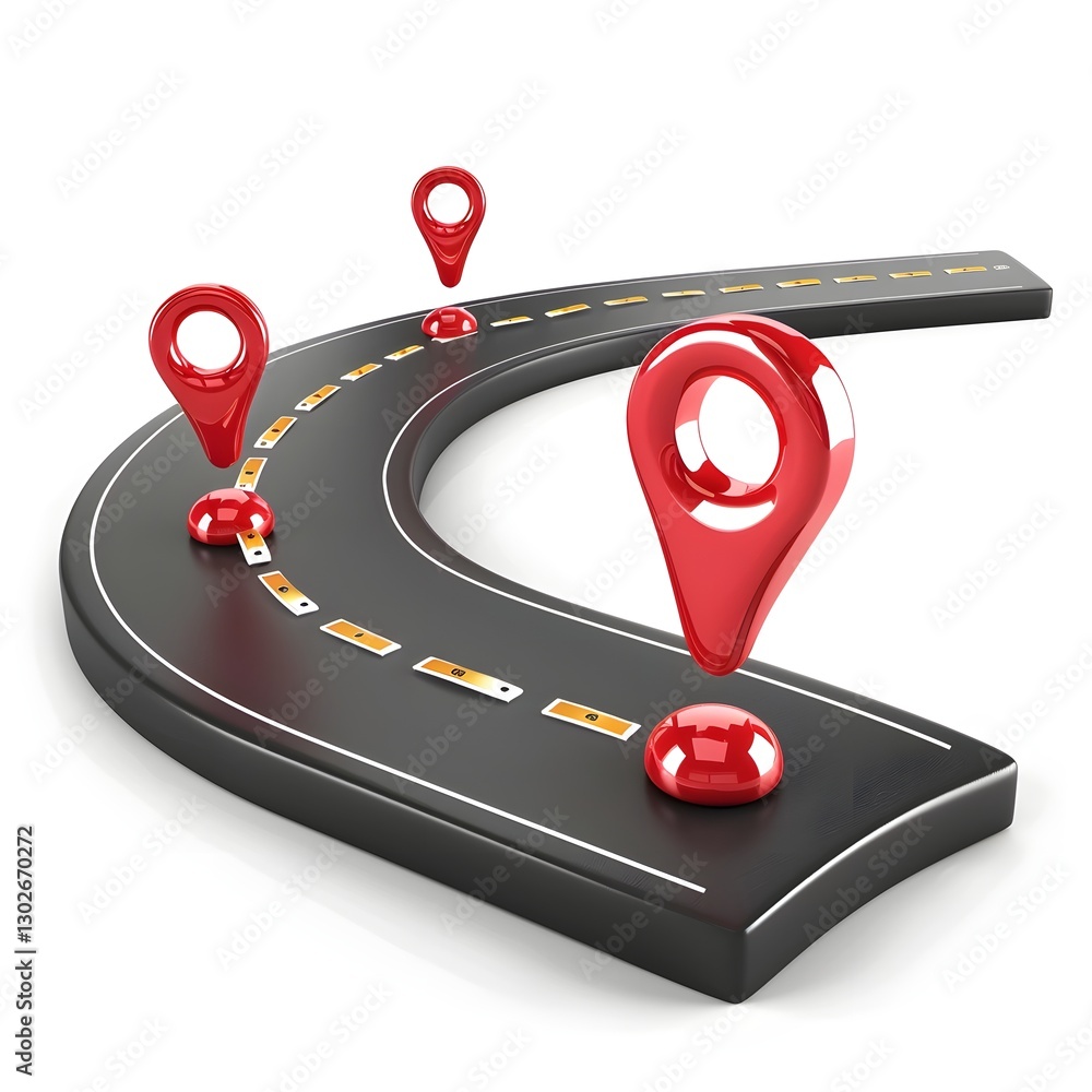 Poster 3d gps navigation route icon with winding road and red markers on futuristic map concept