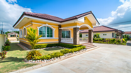 Yellow Tropical House Exterior with Landscaping