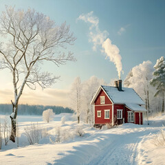 red cottage in a beautiful cold winter landscape