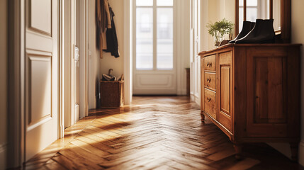 A cozy hallway with a wooden dresser, shoes on a bench, and natural light streaming through large windows, creating a welcoming and stylish entryway.