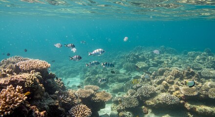 Fototapeta premium Vibrant underwater scenery with schools of fish swimming above coral reef