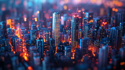 Fototapeta premium Stunning night cityscape with brightly lit skyscrapers and buildings red art glow dark blue view