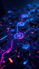Fototapeta premium An artistic illustration of a digital landscape representing ci/cd pipelines and container orchestration with vibrant neon hues.