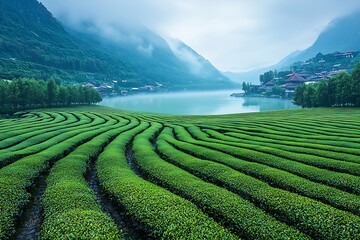 Misty tea fields, lake, village