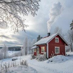 red cottage in a beautiful cold winter landscape