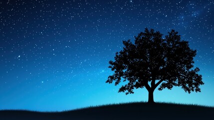 A silhouette of an oak tree against a starry night sky, creating a peaceful and timeless scene.