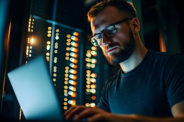 Confident IT Technician Working Diligently in High Tech Server Room