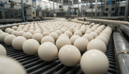 Fresh white eggs are rolling on a conveyor belt inside a food processing factory, showcasing the automated production line