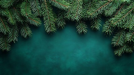 Close-up of pine tree branches on a dark green background, macro photography.