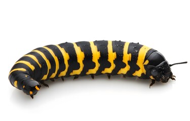 Black and yellow striped caterpillar crawling on white background