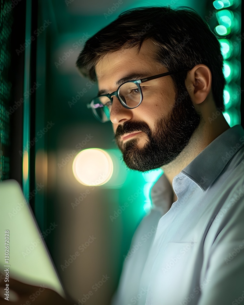 Aufkleber dedicated it engineer analyzing data surrounded by towering server racks in technical ambiance