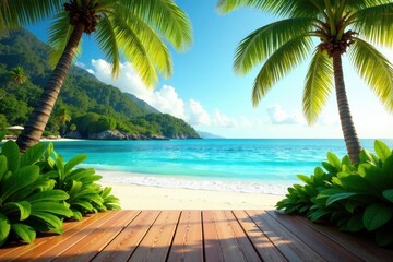 Warm wood grain, lush palm leaves, azure sea vista, sunny, summertime, paradise