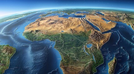 A topographic map of Africa showing mountains, rivers, and deserts in high detail, designed for educational purposes.