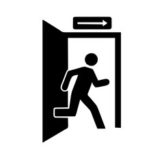 An illustration featuring a black emergency exit sign silhouette set against a clean white background showing a figure running towards an open door with a left arrow.