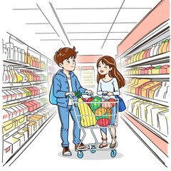Sale, consumerism and people concept - happy family with child and shopping cart buying food at grocery store or supermarket. family shopping at the supermarket