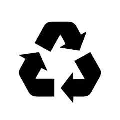 An illustration featuring a black recycling sign silhouette set against a clean white background showing three arrows forming a triangle to represent recycling.