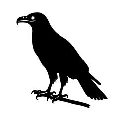 Fototapeta premium An illustration featuring a black Hawk hieroglyph silhouette set against a clean white background showing a detailed hawk with sharp beak and talons, symbolizing strength and foresight.
