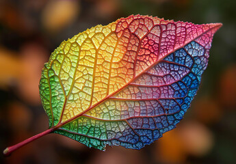 Obraz premium Close-Up of an Autumn Leaf with Vivid Veins and Colors Against a Blurred Background of Falling Leaves – Seasonal Nature Photography