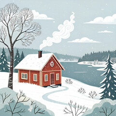 red cottage in a beautiful cold winter landscape