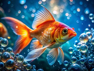 Macro Photography: Goldfish Swimming Underwater, Close-up View of Scales and Fins