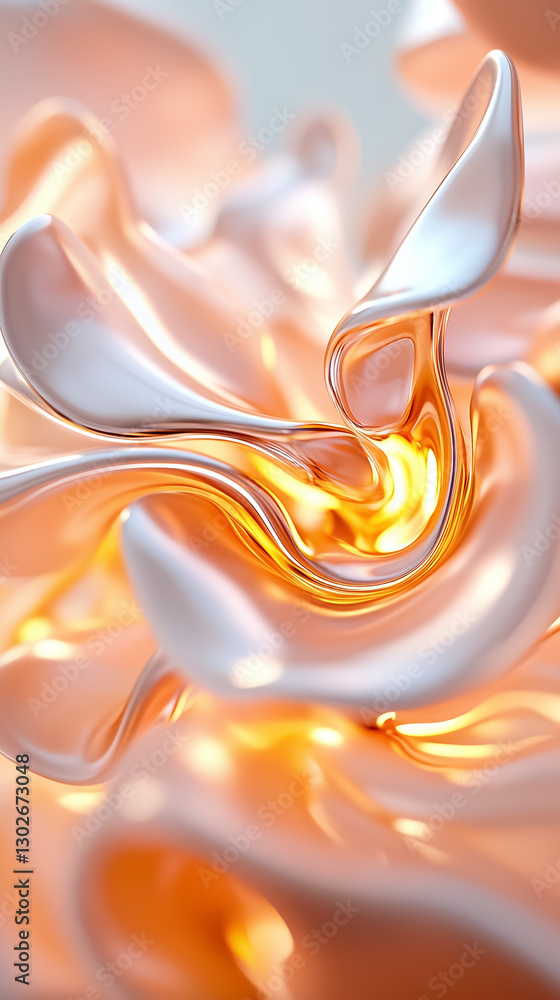 Poster swirls of luminous coral-like forms dance in an abstract digital space, radiating warmth and fluid m