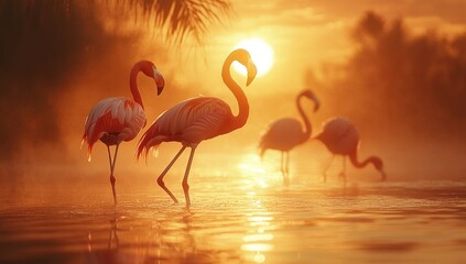 Naklejka premium Pink Flamingos at Sunrise in Misty Tropical Waters