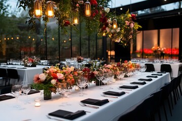 Fototapeta premium Elegantly Set Fine Dining Table with Moody Lighting for Exclusive