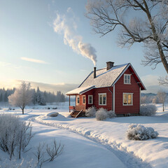 red cottage in a beautiful cold winter landscape