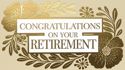 Elegant retirement greeting card design featuring floral motifs in gold and cream, perfect for celebrating new beginnings.