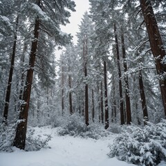Fototapeta premium Enchanted Winter Forest – Snow-covered evergreen trees in a magical, peaceful winter forest, with soft snowflakes falling, isolated on a pure white background.