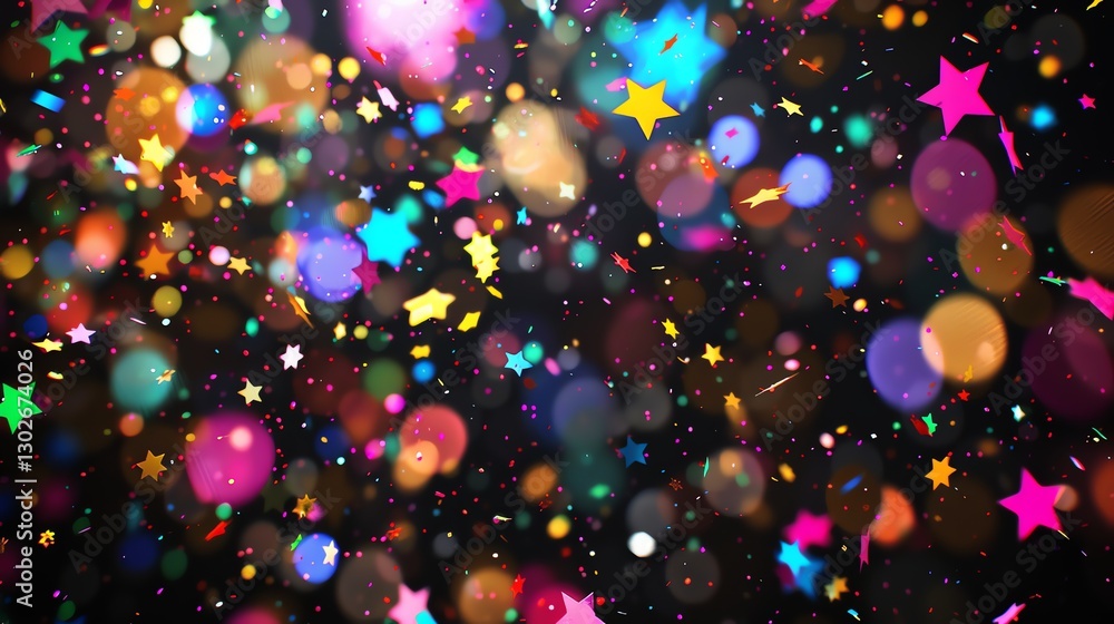 Poster a colorful background of confetti and bokeh lights.