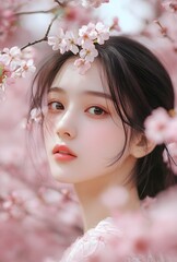 Naklejka premium Beautiful Woman Adorned With Delicate Cherry Blossoms