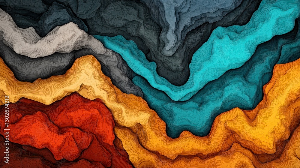 Poster a vibrant abstract artwork featuring flowing, textured layers in shades of blue, orange, red, and gr