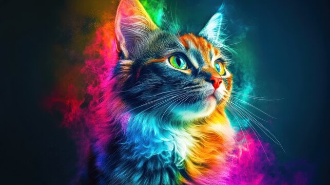 Colorful feline portrait with vibrant smoke effects and elegant whiskers