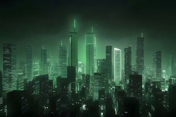 Glowing Futuristic Cityscape with Stylized Architectural Elements in Nighttime