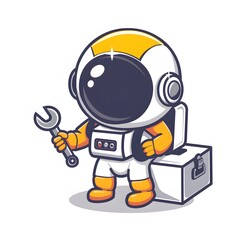 Cartoon Astronaut Holding Wrench with Toolbox in a Colorful Style