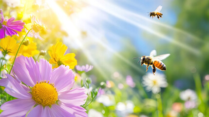 Obraz premium Bees Flying Among Flowers