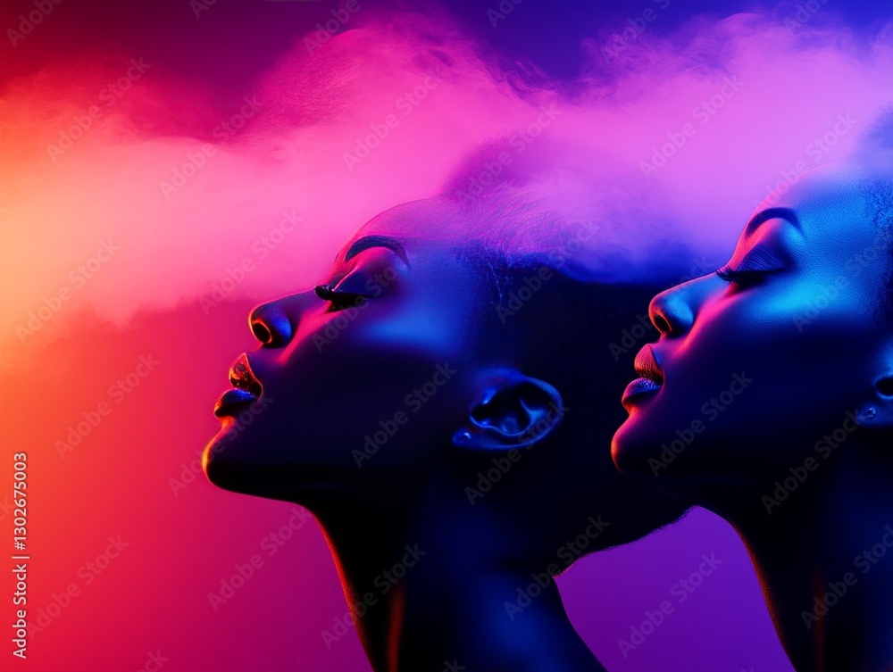 Poster two abstract neon lit faces merging with red smoke in a surreal digital art composition symbolizing 